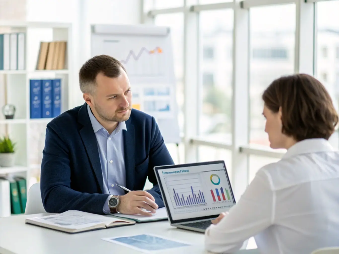 A focused entrepreneur collaborating with a financial coach, reviewing investment portfolios and discussing growth strategies in a modern office setting. The scene emphasizes trust and partnership.