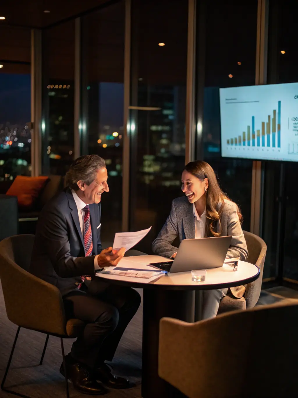 An entrepreneur is celebrating financial success with a financial coach, showcasing the positive outcomes of their coaching sessions.