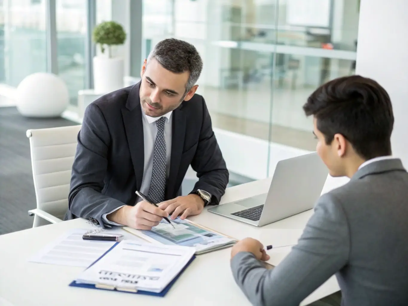 A confident entrepreneur making a strategic financial decision, with a financial coach providing support and guidance in the background. The image conveys empowerment and expertise.