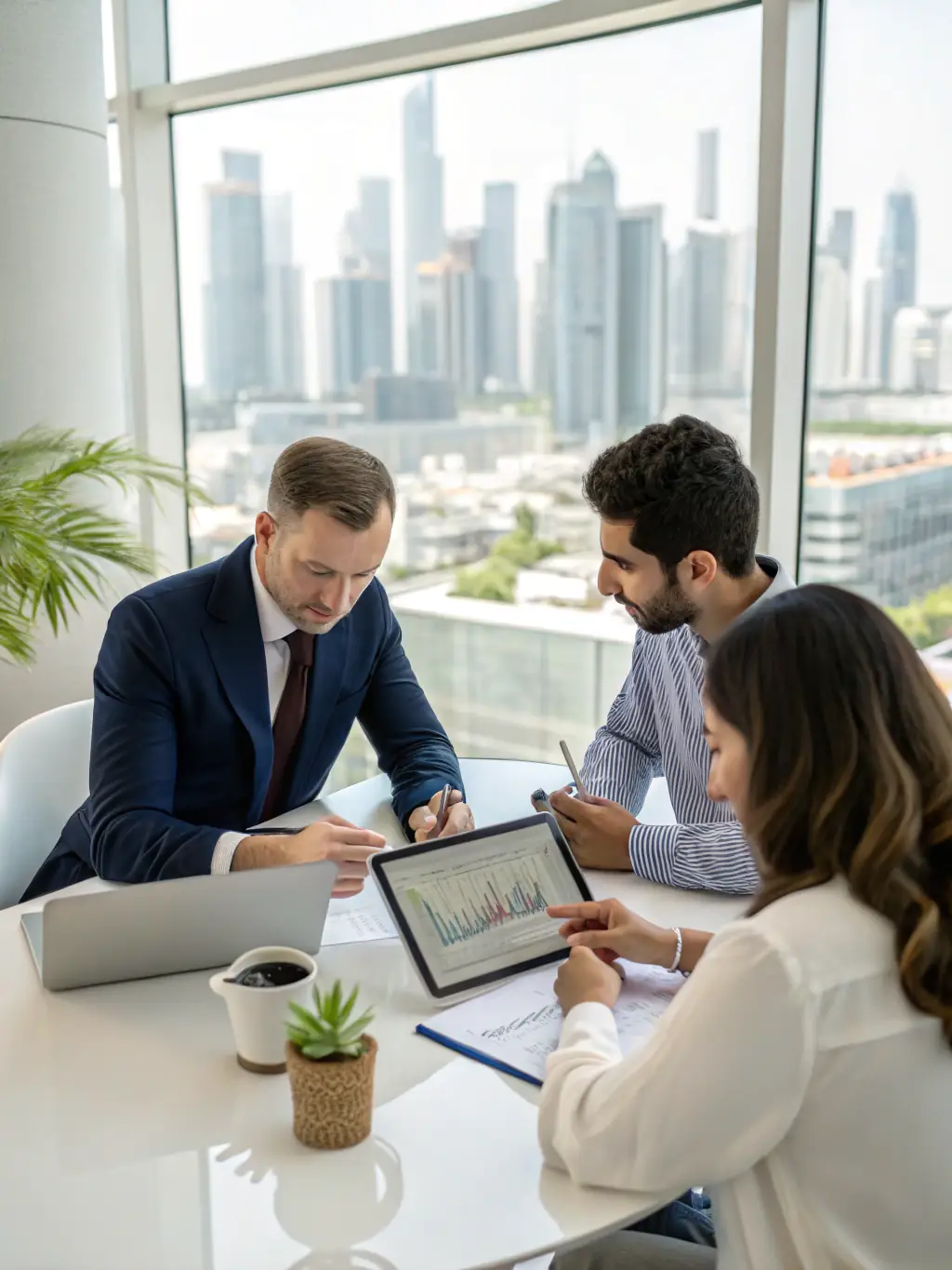 A professional financial coach is guiding an entrepreneur through investment options using a digital tablet, with charts and graphs displayed in the background.