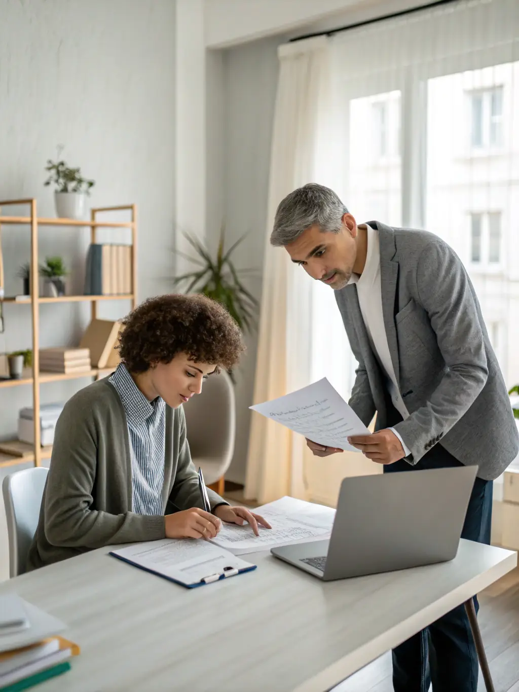An entrepreneur is confidently reviewing financial reports and investment plans with a financial coach in a modern office setting.