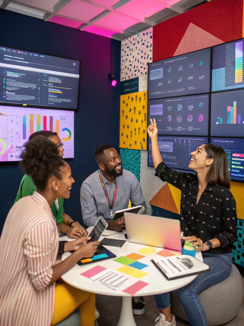 An image of a diverse group of entrepreneurs collaborating around a table, brainstorming and sharing ideas, symbolizing community and shared learning, representing the 'Group Coaching' package.