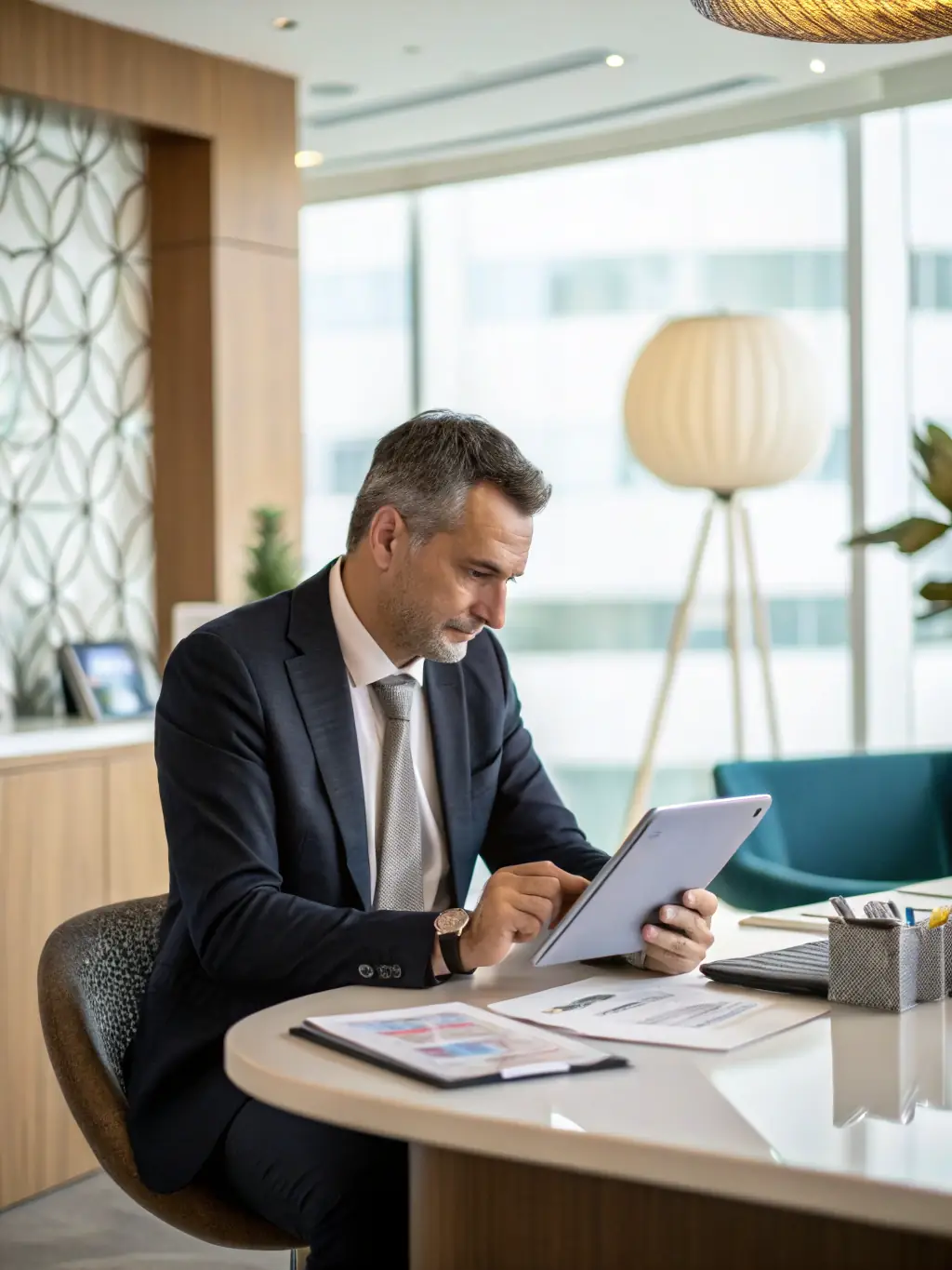 A determined entrepreneur reviewing financial reports in a modern office, symbolizing strategic financial planning.