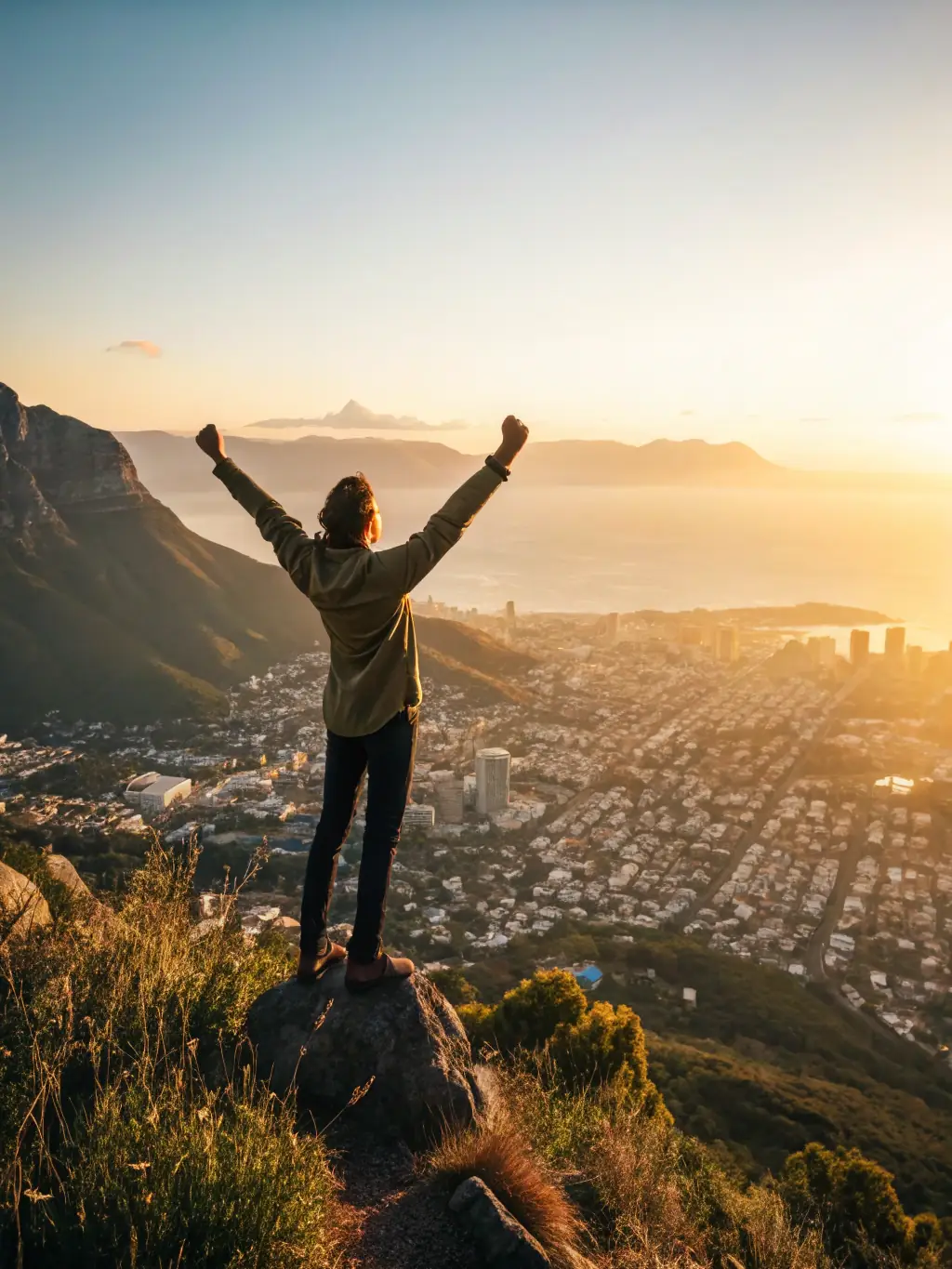 A photograph of a person confidently standing on top of a mountain, overlooking a city, symbolizing financial freedom and strategic planning, representing the 'Strategic Planning' package.