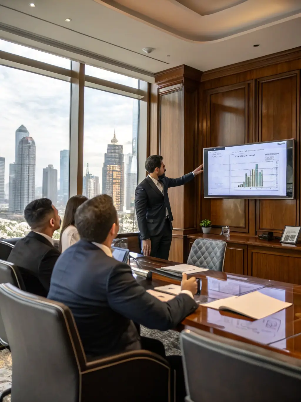 An entrepreneur confidently presenting a financial growth chart to their team, showcasing business expansion.